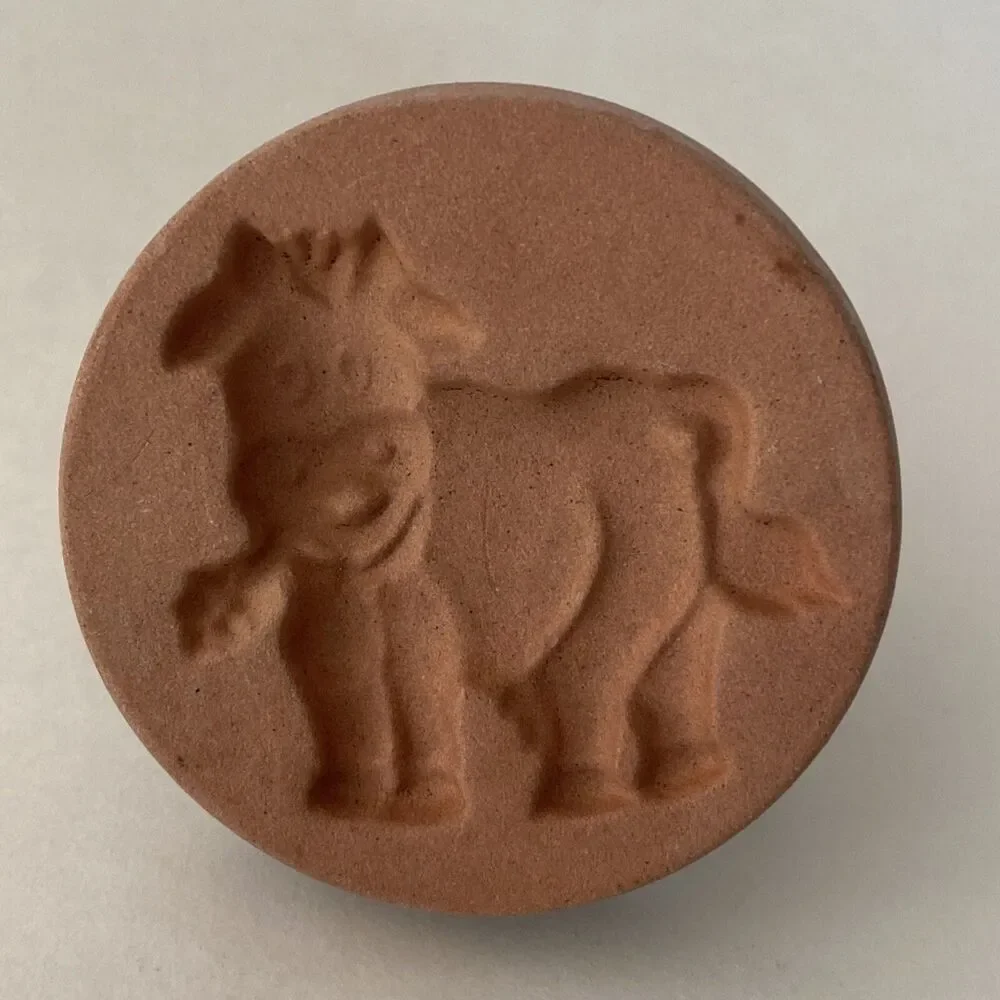 Cookie Stamp Terra Cotta Cow 2” Round Handle Green Glaze